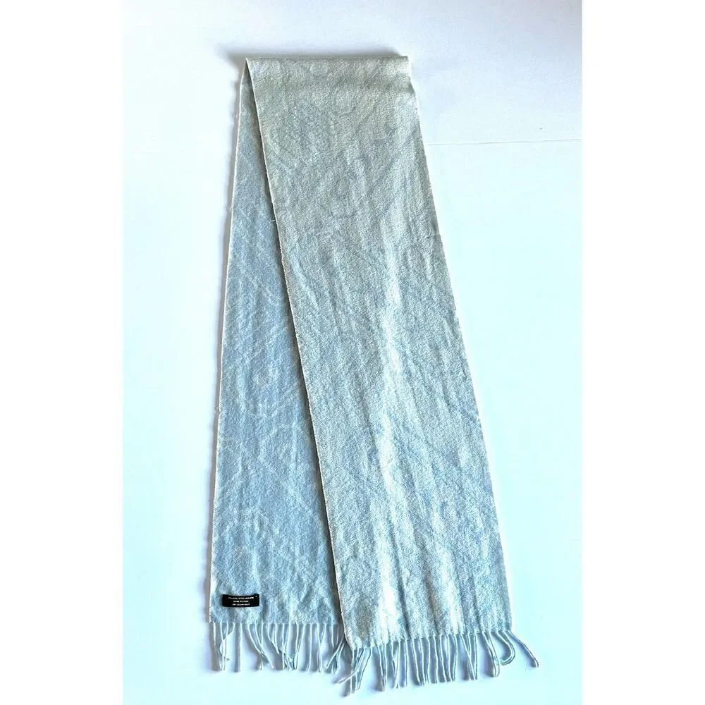 Coach Cashmere and Wool Logo Fringe Scarf Light Blue and Ivory Muffler Scarf